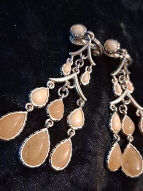 Monet Vitage Clip on Peach & Citrine Color Teardrop Chandelier Earrings.